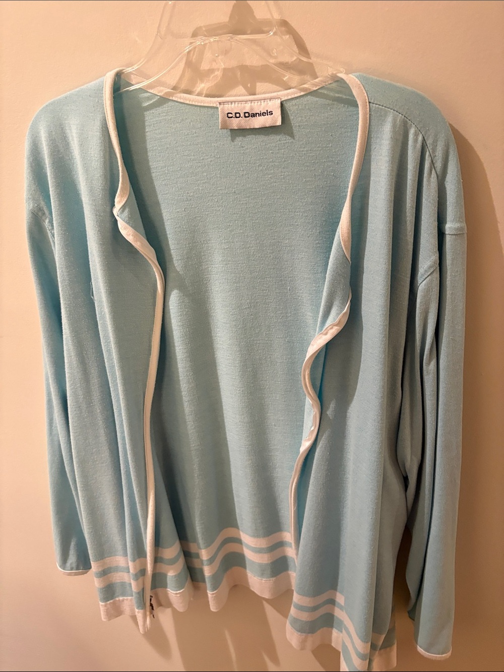 Women's Light Blue Open Cardigan with White Trim